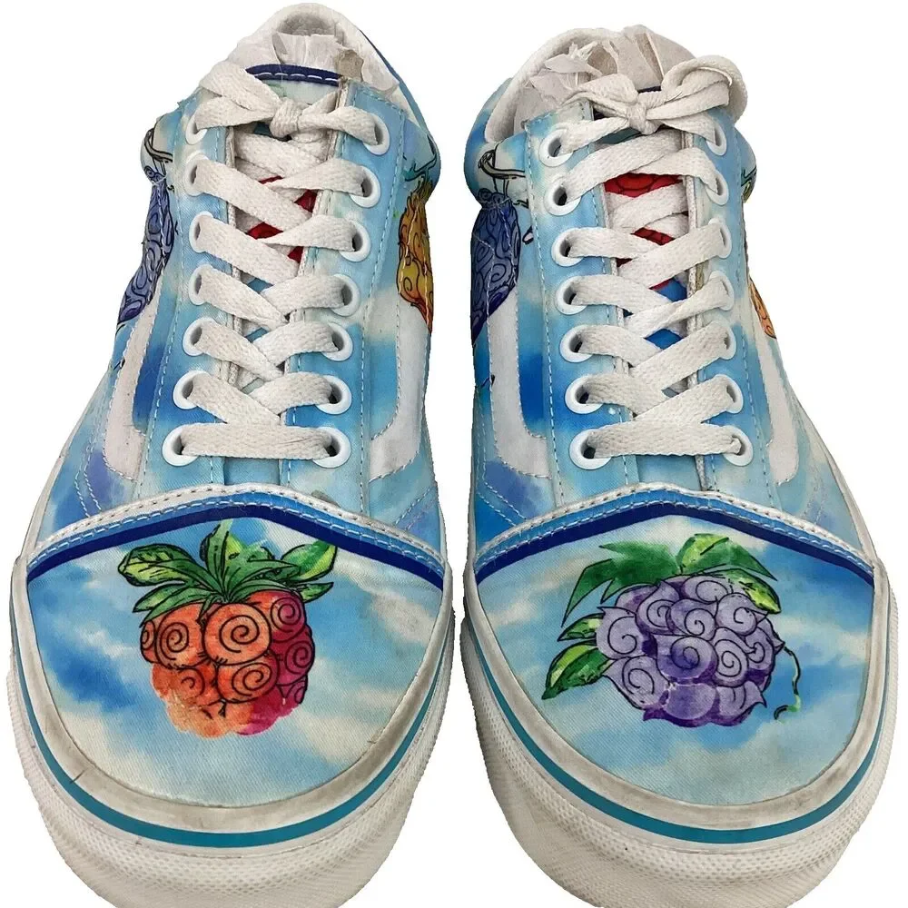 VANS x One Piece Old Skool-Women's 8.5/Mens 7-Devil Fruit-Blue Anime Skate Shoes